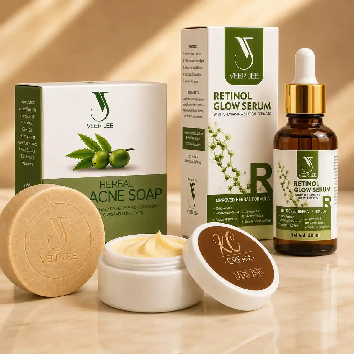 Veer Jee Acne Clarity Bundle – 3-step acne skincare routine with Soap, Serum and K.C Cream